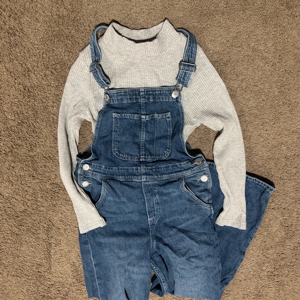 H&M Girls 10-12 Wide Leg Denim Overalls + Ribbed gray Top Set Boho‎